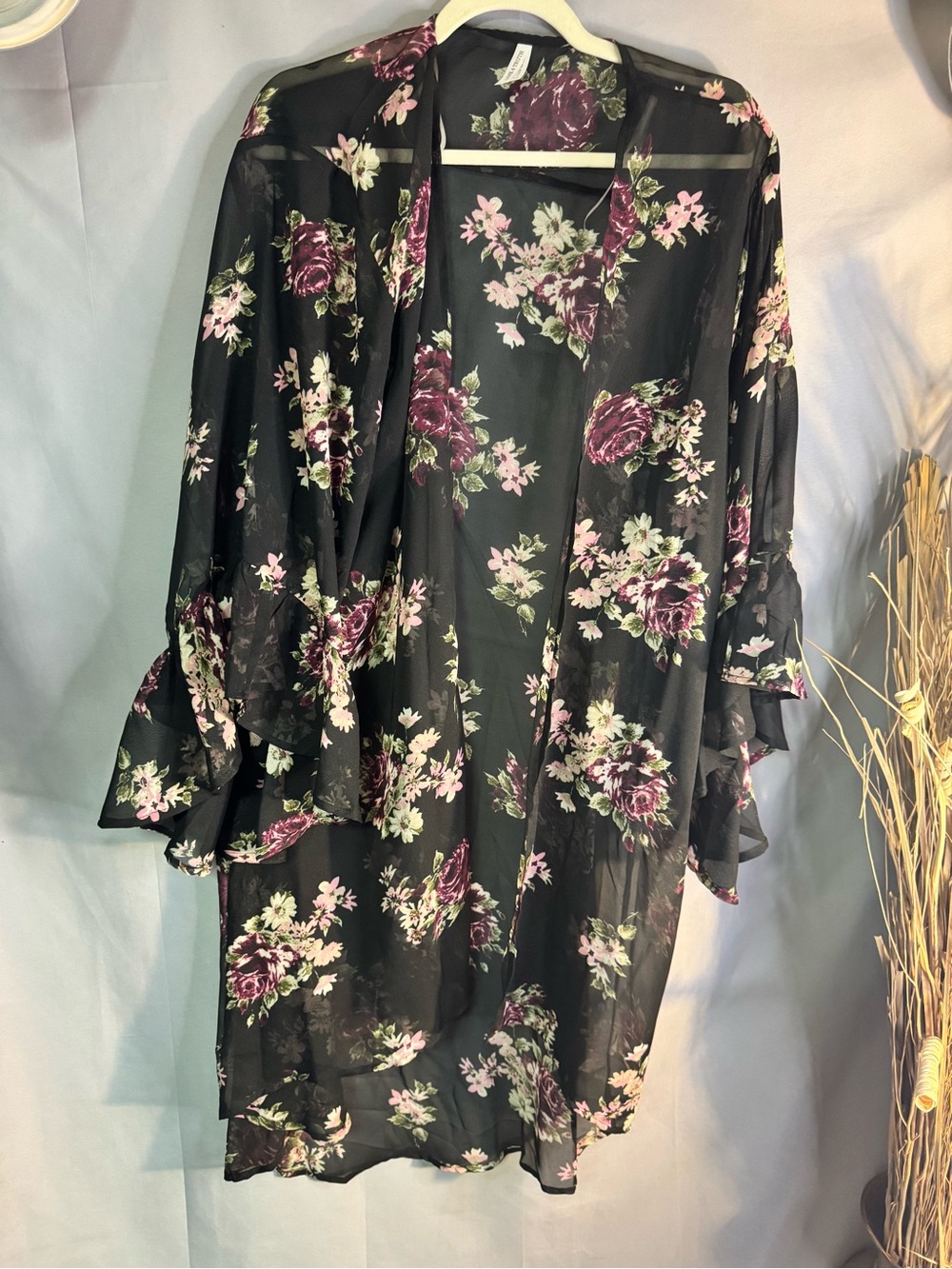 Live 4 Truth Black Sheer Floral Kimono with Pink Roses